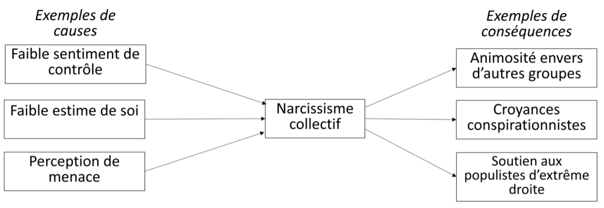 Ces exemples de conséquences sont basés sur des études corrélationnelles. En effet, le narcissisme collectif est difficilement manipulable dans le cadre d’études expérimentales, nécessaires afin d’établir des relations de causalités. La notion de conséquence n’est donc ici que théorique. Ces exemples de conséquences sont basés sur des études corrélationnelles. En effet, le narcissisme collectif est difficilement manipulable dans le cadre d’études expérimentales, nécessaires afin d’établir des relations de causalités. La notion de conséquence n’est donc ici que théorique.