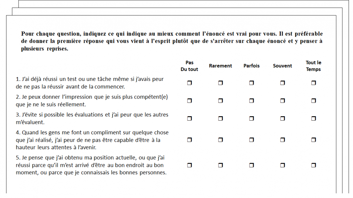 Exemples de questions mesurant le syndrome de l’imposteur, issus de la Clance Impostor Phenomenon Scale. Attention, ces quelques questions ne permettent pas de vous auto-diagnostiquer ! Exemples de questions mesurant le syndrome de l’imposteur, issus de la Clance Impostor Phenomenon Scale. Attention, ces quelques questions ne permettent pas de vous auto-diagnostiquer !