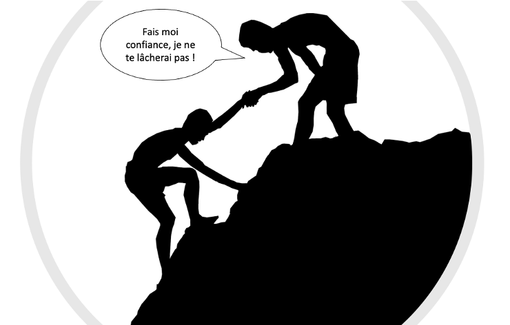 La confiance est un concept qui peut s’observer dans toute situation présentant un risque quel qu’il soit pour un individu (ici de tomber du rocher) et dans laquelle il doit se rendre vulnérable à un autre (ici à la personne qui tend la main) pour arriver à ses fins. Illustration éditée à partir de l’image de Tumisu de Pixabay. La confiance est un concept qui peut s’observer dans toute situation présentant un risque quel qu’il soit pour un individu (ici de tomber du rocher) et dans laquelle il doit se rendre vulnérable à un autre (ici à la personne qui tend la main) pour arriver à ses fins. Illustration éditée à partir de l’image de Tumisu de Pixabay.