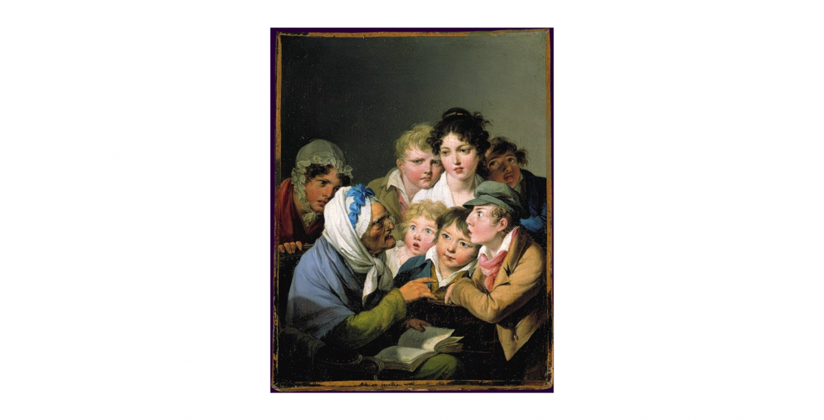 Exemple de quelques expressions faciales. Dans la vie quotidienne, les émotions affichées sur les visages sont rarement si prototypiques. Tableau « ...Et l’ogre l’a mangé » de Louis-Léopold Boilly, 19e siècle, source : BnF