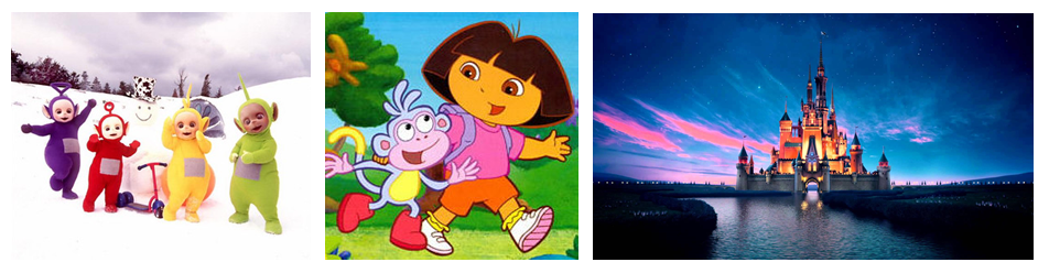 Conclure que la télévision est nécessairement mauvaise est une erreur, puisque certaines émissions sont associées à un vocabulaire plus important. Illustration : à gauche des Teletubbies par The Lowry sur Flickr (Copyright BBC), au centre de Dora l’exploratrice par Eric Havir de Flickr, et à droite de Disney par Miweebo de PxHere. Conclure que la télévision est nécessairement mauvaise est une erreur, puisque certaines émissions sont associées à un vocabulaire plus important. Illustration : à gauche des Teletubbies par The Lowry sur Flickr (Copyright BBC), au centre de Dora l’exploratrice par Eric Havir de Flickr, et à droite de Disney par Miweebo de PxHere.